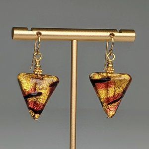 Gold, Black, and Red Glass Triangle Drop Earrings